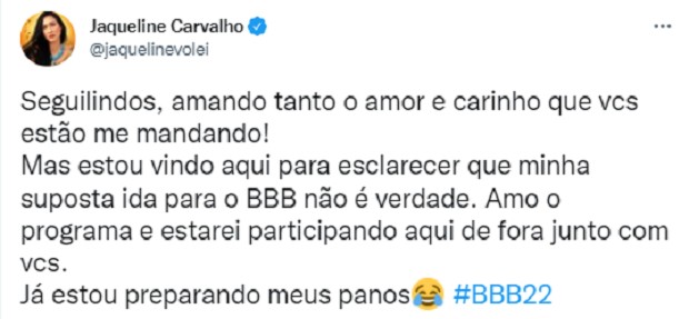 Jaqueline Carvalho se pronuncia sobre BBB22 (Foto: Reprodução/Instagram)