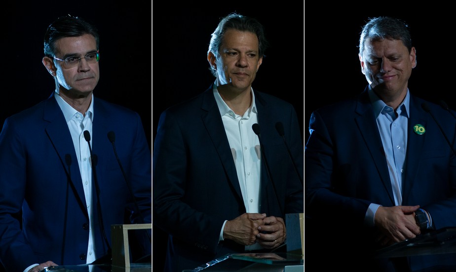 Candidatos ao governo de SP: Rodrigo Garcia (PSDB), Fernando Haddad (PT) e Tarcísio de Freitas (Republicanos)
