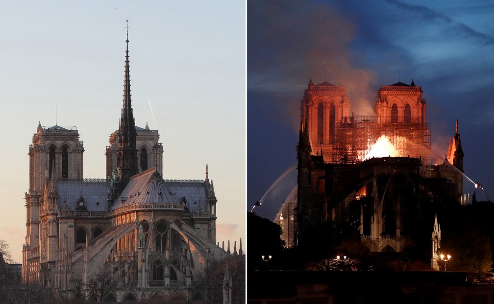 Comparativo mostra imagem de arquivo com o incêndio ocorrido nesta segunda-feira (15) na Catedral de Notre-Dame, em Paris — Foto: Manuel Cohen/AFP; Benoit Tessier/Reuters
