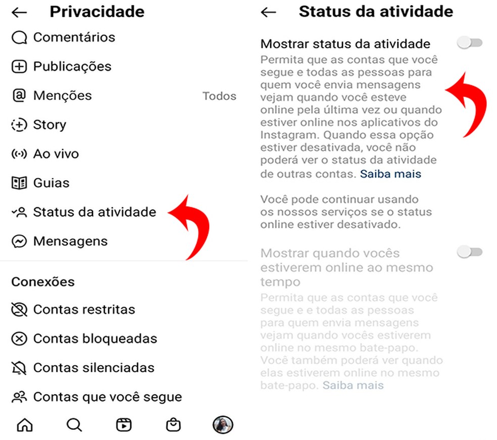 Status de atividade no Instagram exibe quando pessoa está online no app — Foto: Reprodução/Flávia Fernandes
