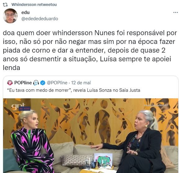 Whindersson Nunes reposta tweet que o culpabilza por ataques à Luisa Sonza (Foto: Reprodução / Twitter)