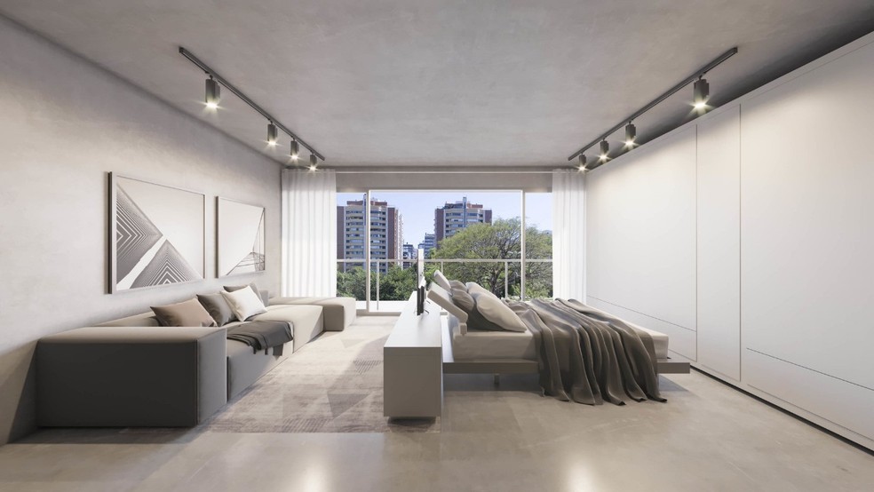 Apartamento adquirido é um single, com quarto, sala, cozinha e banheiro — Foto: Divulgação 