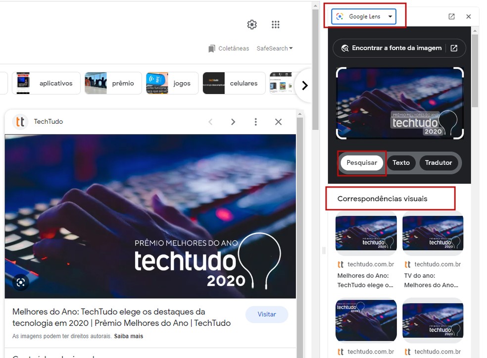 É possível encontrar correspondências visuais de imagens usando o Google Lens — Foto: Reprodução/Barbara Mannara