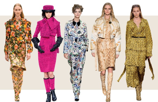 A partir da esquerda, looks Balenciaga, Chanel, Giorgio Armani, Givenchy e Sonia Rykiel  (Foto: Imaxtree )