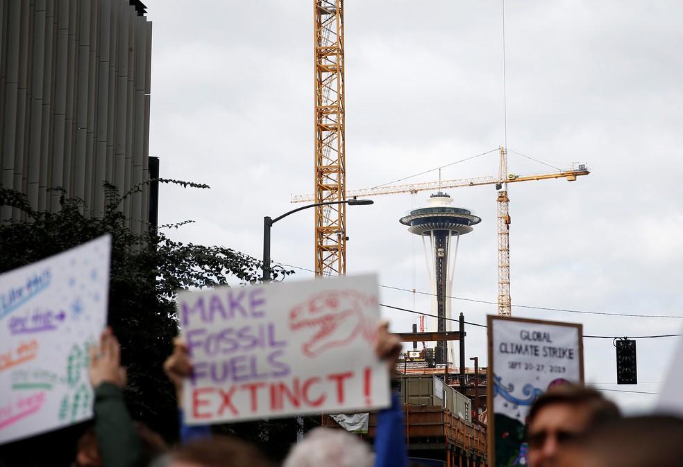 Funcionários do Google se juntam a protesto de empregados da Amazon em Seattle, nos Estados Unidos. — Foto: REUTERS/Lindsey Wasson