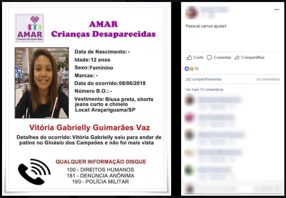 Campanha para encontrar adolescente desaparecida em Araçariguama é feita no Facebook (Foto: Facebook/Reprodução)