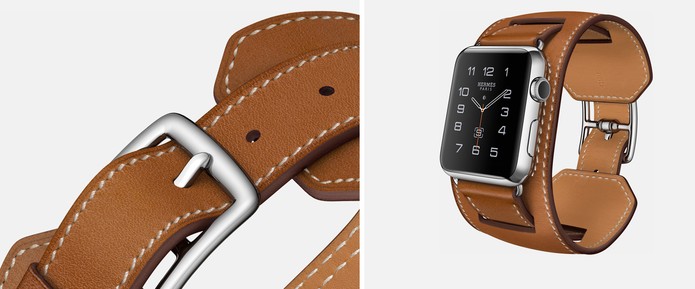 Modelo com pulseira larga em couro marrom no Apple Watch (Foto: Divulgação/Apple)