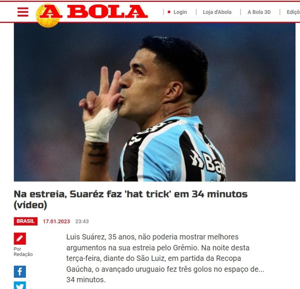 Jornal A Bola também exaltou o rápido hat-trick de Suárez — Foto: Reprodução/A Bola