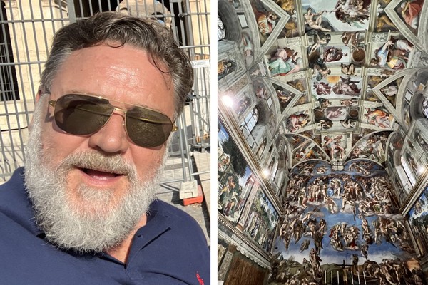 Russell Crowe em passeio por Roma; uma das fotos da Capela Sistina tiradas por ele (Foto: Reprodução/Twitter)