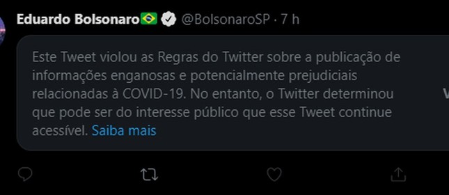 Post do deputado Eduardo Bolsonaro recebe aviso do Twitter