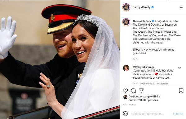 O post na conta oficial da Família Real Britânica celebrando o nascimento da filha do Príncipe Harry com a atriz Meghan Markle (Foto: Instagram)