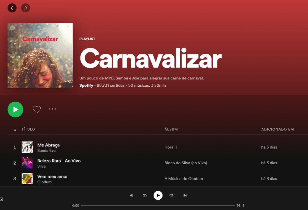 Spotify tem várias playlists de Carnaval — Foto: Reprodução/Rodrigo Fernandes