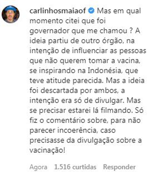 Carlinhos Maia responde seguidora após ser chamado de 'doente