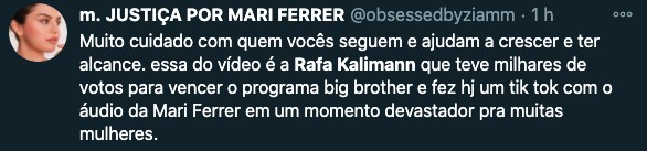 Rafa Kalimann é criticada no Twitter após publicação de vídeo dublando trecho do julgamento de Mari Ferrer (Foto: Reprodução/Twitter)