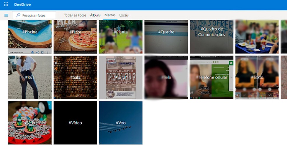Imagens armazenadas no OneDrive são organizadas por marcas e locais — Foto: Reprodução/Caroline Doms