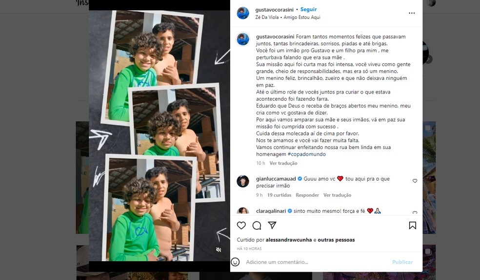 Mãe de Gustavo faz postagem em homenagem a Eduardo, amigo do filho  — Foto: Reprodução/Instagram 