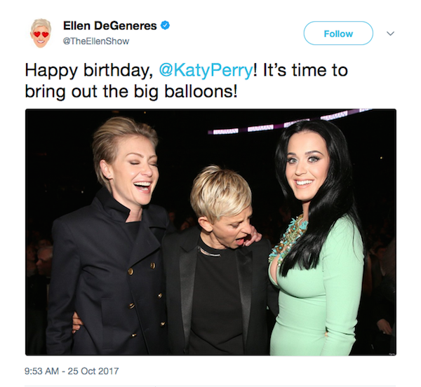 O post polêmico compartilhado por Ellen DeGeneres parabenizando a cantora Katy Perry (Foto: Twitter)
