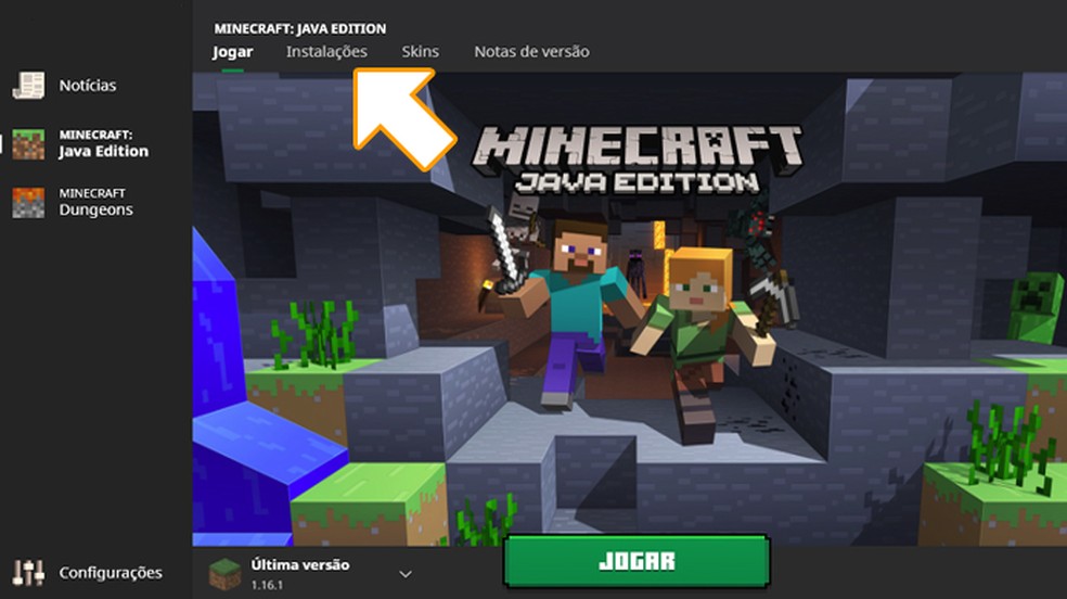 Antes de iniciar Minecraft selecione "Instalações" no topo do menu — Foto: Reprodução/Rafael Monteiro