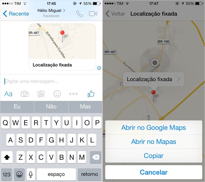Abrindo uma localização recebida no Messenger (Foto: Reprodução/Helito Bijora)