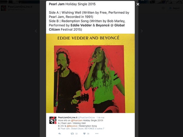 Canal de fãs do Pearl Jam informa que dueto de Eddie Vedder e Beyoncé cantando 'Redemption song', de Bob Marley, vai estar no novo Ten Club Holiday Single (Foto: Reprodução/Twitter/PearlJamOnLine.it)