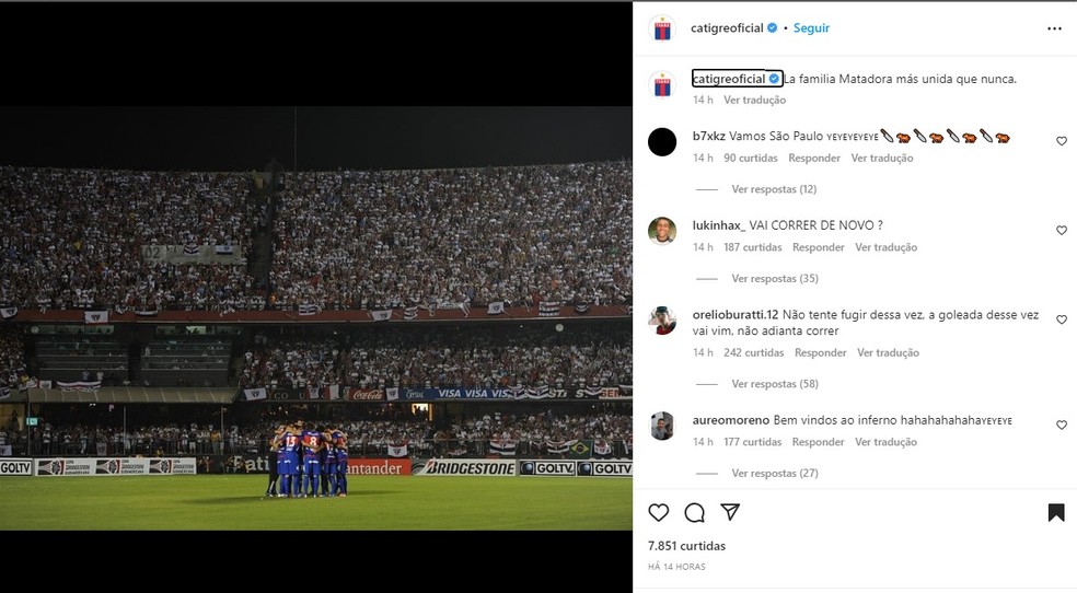 Tigre publica foto no Morumbi em jogo contra o São Paulo — Foto: Reprodução