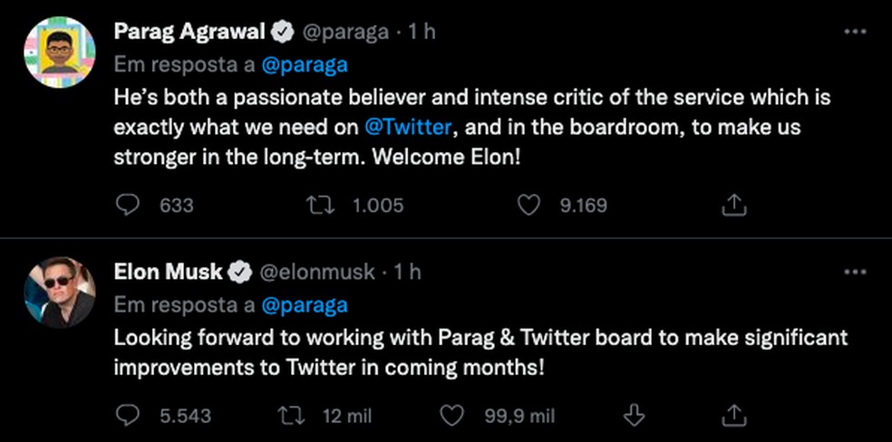 O CEO do Twitter, Parag Agrawal, comenta a entrada de Elon Musk no conselho de acionistas da rede social &mdash; Foto: Reprodu&ccedil;&atilde;o/Twitter