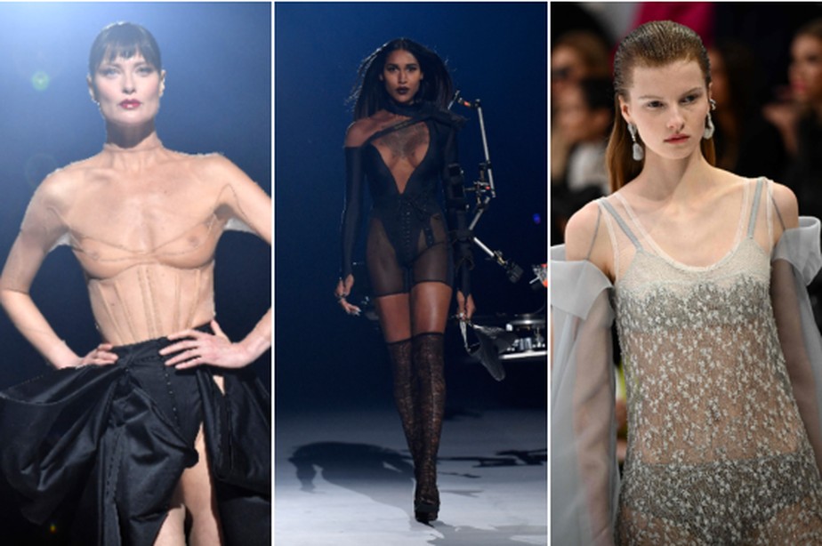 Modelos desfilam pela Mugler (esquerda e centro) e pela Fendi na Semana de Moda de Alta-Costura Primavera-Verão 2023 em Paris em 26 de janeiro de 2023