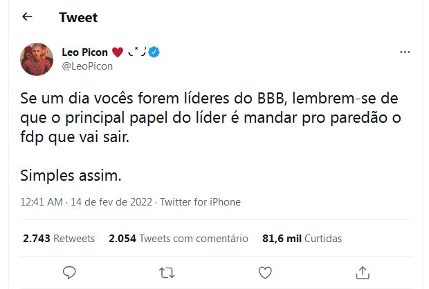 Leo Picon opina sobre BBB22 (Foto: Reprodução/Twitter)
