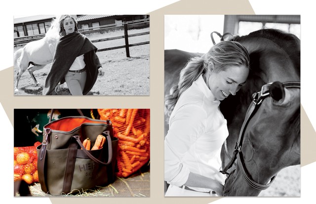 Ao lado da égua Vanilla, Karina veste manta de lã e cashmere (R$ 5.900). No canto inferior esquerdo, bolsa para acessórios de equitação (R$ 8.650).  (Foto: Peter Rigaud)