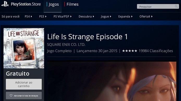 Encontre a página de Life is Strange no PlayStation 4 para baixá-lo (Foto: Reprodução/Rafael Monteiro)