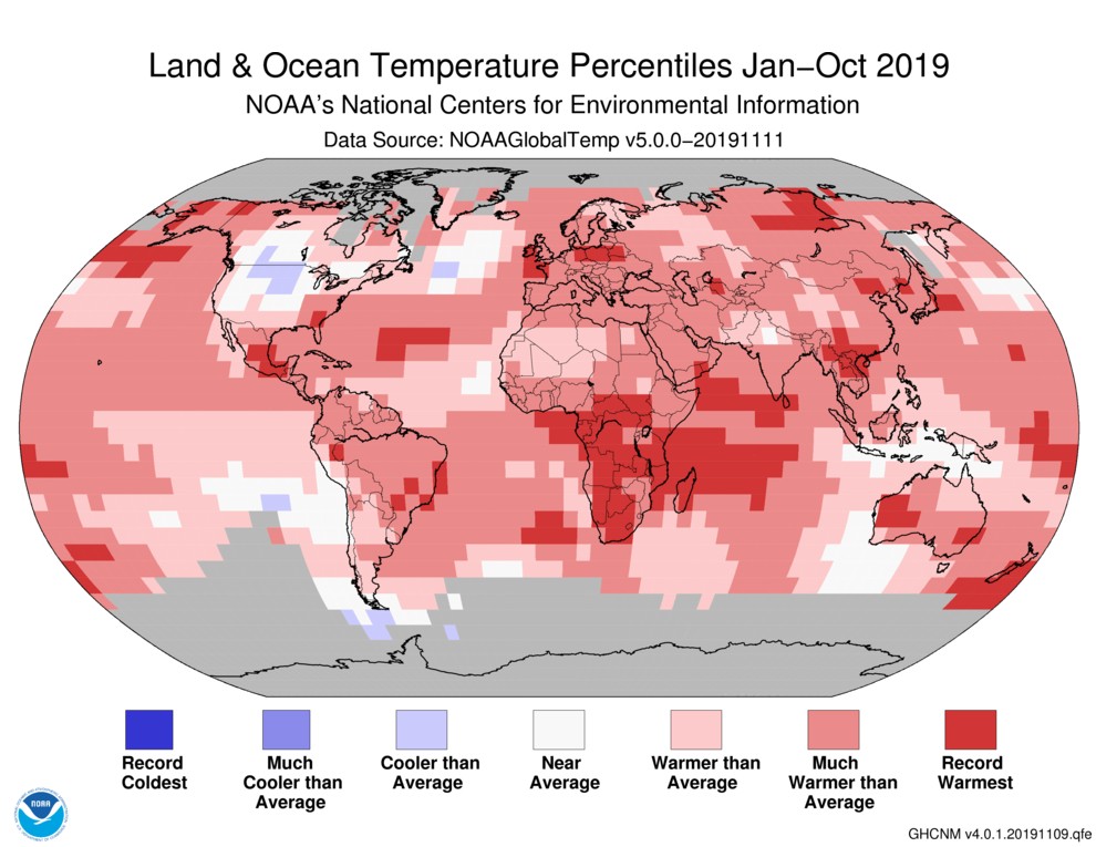 Gráfico mostra temperatura média global entre janeiro e outubro de 2019 em relação à média do século 20 (Foto: Divulgação/NOAA)