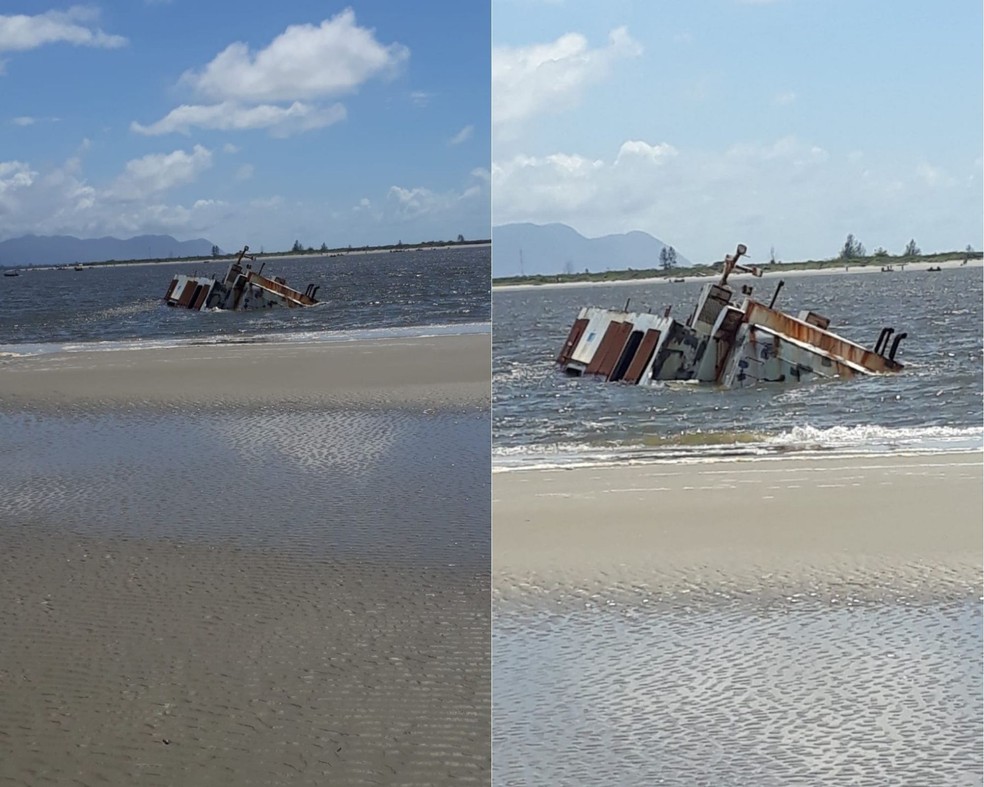 Embarcação antiga continua atolada em praia de Ilha Comprida, SP — Foto: Reprodução/Facebook/Giovanni Almeida