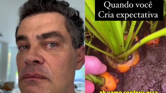 
Carmo Dalla Vecchia tenta plantar cenoura, mas se decepciona com resultado e faz piada
