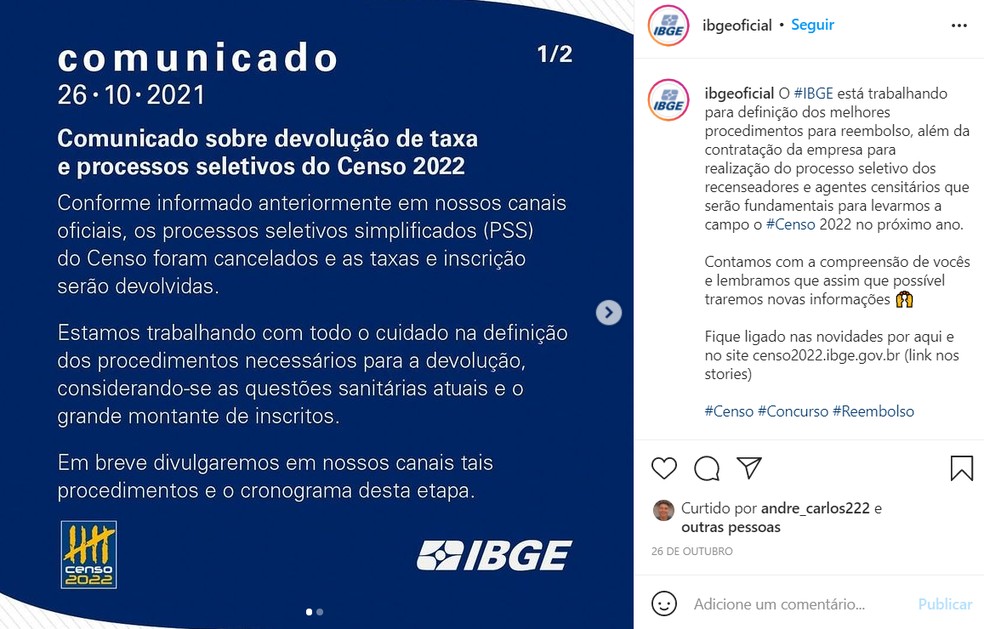 Post do IBGE no Instagram — Foto: Reprodução