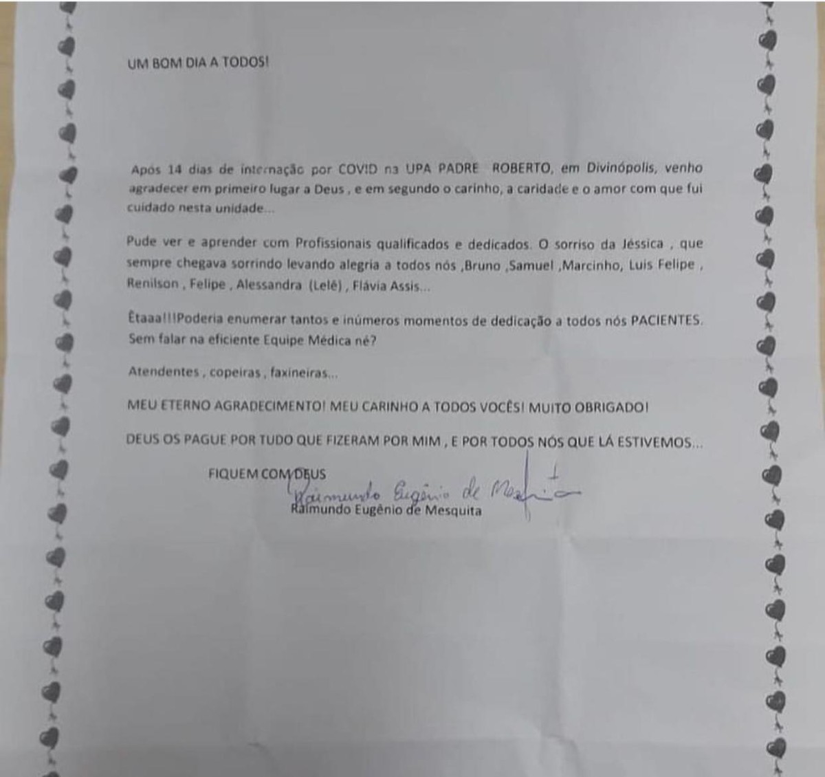 Covid-19: paciente encaminha carta de agradecimento à equipe da UPA após  vencer batalha contra a doença em Divinópolis | Centro-Oeste | G1