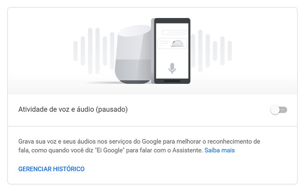 Desativando a atividade de áudio na Conta Google. — Foto: Reprodução