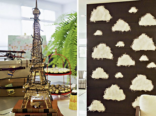 A torre Eiffel de madeira ganhou iluminação especial. À dir., nuvens feitas de papel cartão e plumante transformaram a sisuda parede do salão de festas em leveza pura (Foto: Sandra Pagano/Editora Globo)