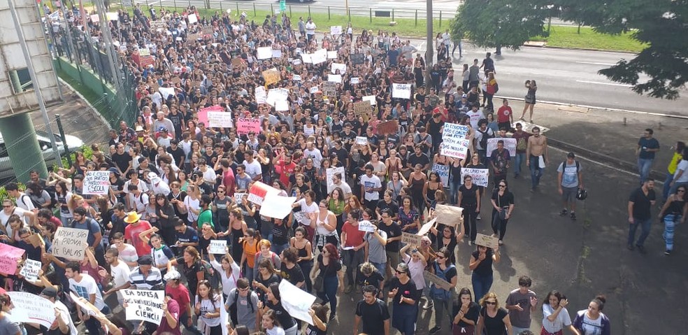 Manifestantes percorrem a avenida Nações Unidas na manhã desta quarta-feira (15), em Bauru (SP). — Foto: Eduarda GuelfI/G1