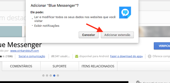 Opção para baixar e instalar a extensão Blue Messenger no Google Chrome (Foto: Reprodução/Marvin Costa)