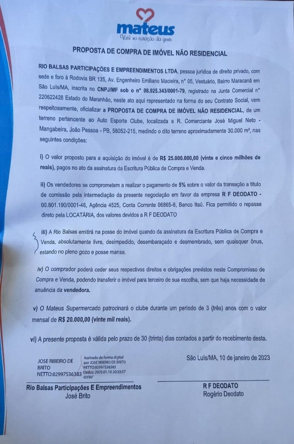 Documendo com suposta proposta de compra do Mangabeirão  — Foto: Reprodução / Redes sociais 