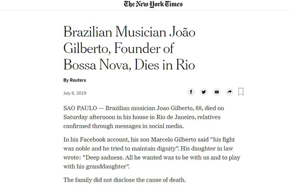 Notícia da morte de João Gilberto no 'NY Times' — Foto: Reprodução/NY Times