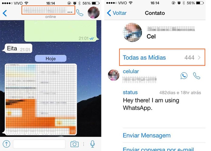 Acesse sua conversa no WhatsApp pelo iOS e depois toque no nome do contato. Complete selecionando Todas as M?dias (Foto: Reprodu??o/Barbara Mannara)