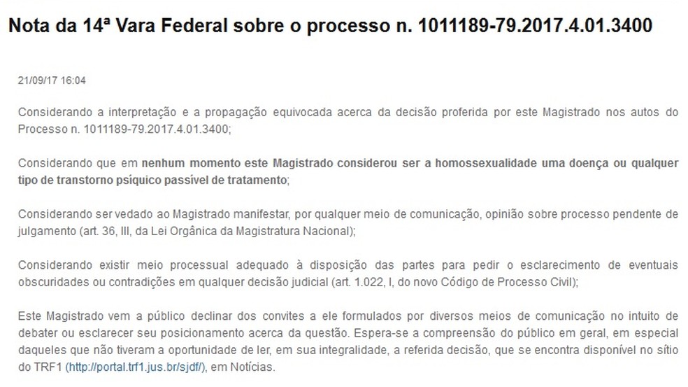 Nota do juiz federal Waldemar Cláudio de Carvalho (Foto: Reprodução)