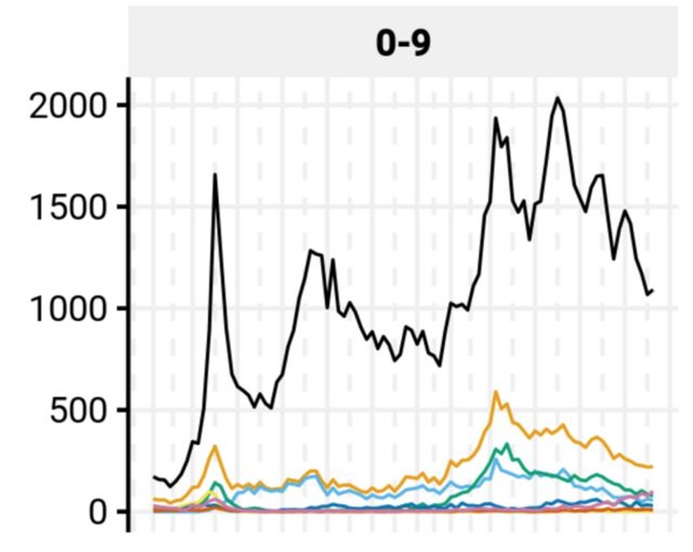 No gráfico do Boletim Infogripe, é possível ver a evolução das internações por SRAG entre crianças brasileiras de 0 a 9 anos. A linha preta mostra todos os casos, enquanto a amarela reflete apenas aqueles que tiveram confirmação laboratorial de vírus respiratórios. Entre os agentes mais comuns, o Sars-CoV-2 (linha azul) foi ultrapassado pelo vírus sincicial respiratório (linha verde) — Foto: Infogripe/Fiocruz (via BBC)