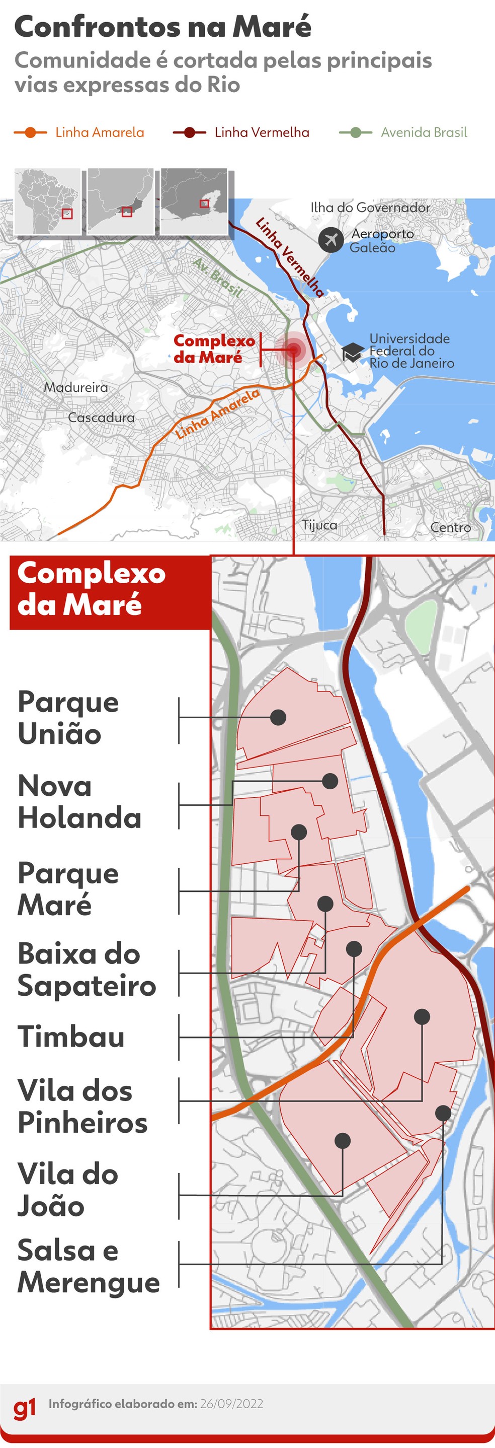Mapa localiza o Complexo da Maré — Foto: Infografia: Juan Silva/g1