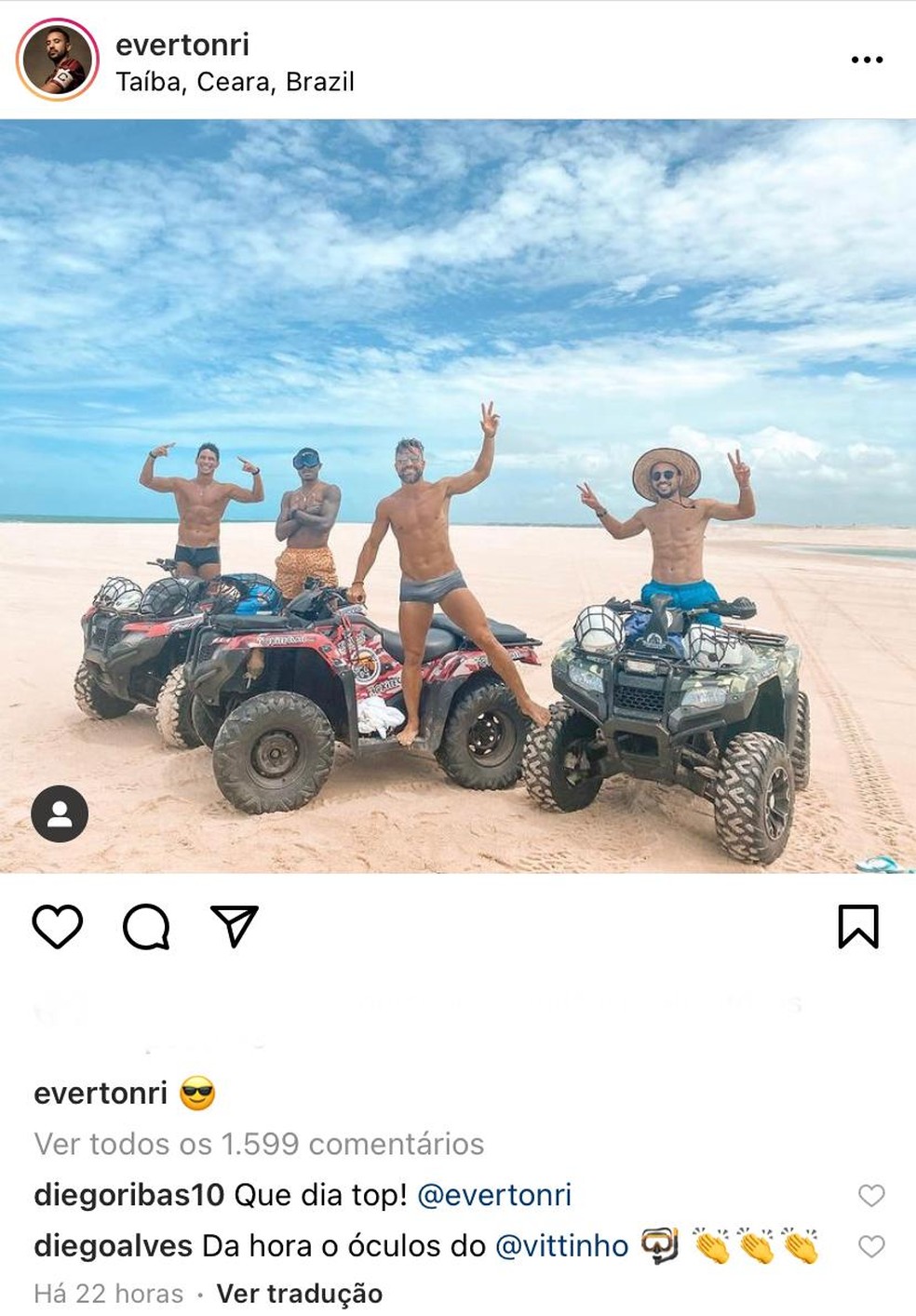 Diego, Éverton Ribeiro, Vitinho, férias no Ceará — Foto: Reprodução/Instagram