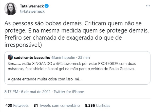Tata Werneck rebate críticas por máscaras e face shield no velório de Paulo Gustavo (Foto: Reprodução/Instagram)