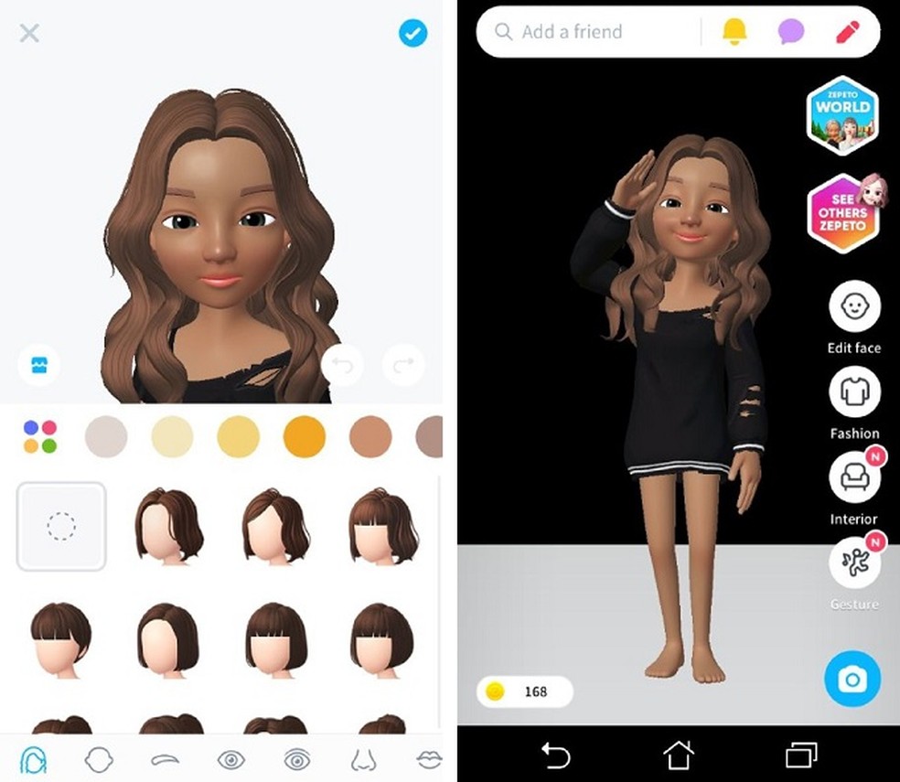 O app Zepeto funciona como uma rede social: você cria o seu avatar para interagir com o personagem de outros usuários — Foto: (Reprodução/Maria Dias)