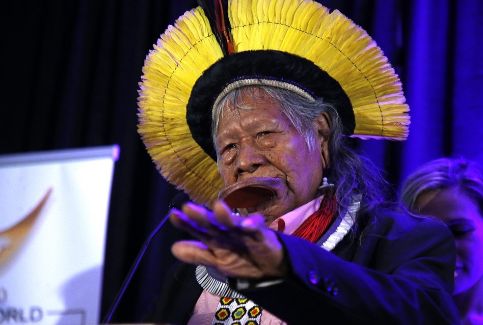 Cacique Raoni Metuktire durante um fÃ³rum, em Nova York, no dia 22 de setembro de 2019 â€” Foto: John Lamparski/Getty Images North America/AFP