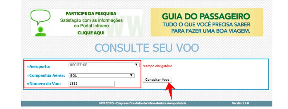 Pesquisando um voo no site da Infraero — Foto: Reprodução/Rodrigo Fernandes